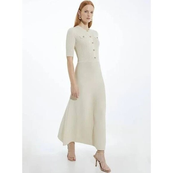 Karen Millen Rib Knit Military Trim Maxi Dress Size Petite Large PL - Picture 1 of 9